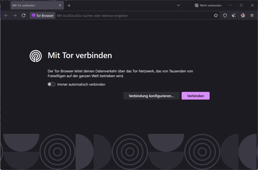 Tor Browser Startseite mit den Schaltflächen Verbindung konfigurieren und Verbinden