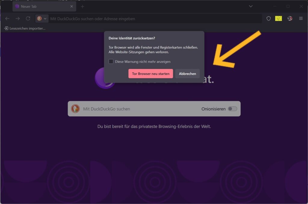 Dialog Neue Identität im Tor Browser mit Hinweis auf das Zurücksetzen der Browser-Sitzung