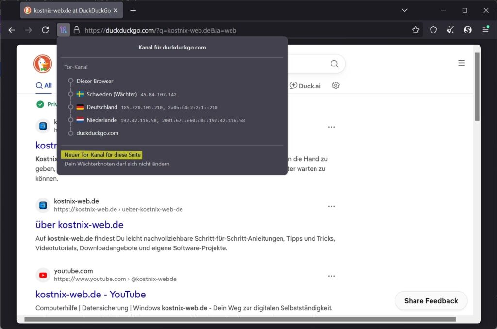 Tor-Kanal im Tor Browser mit mehreren Relays und der Funktion Neuer Tor-Kanal für diese Seite