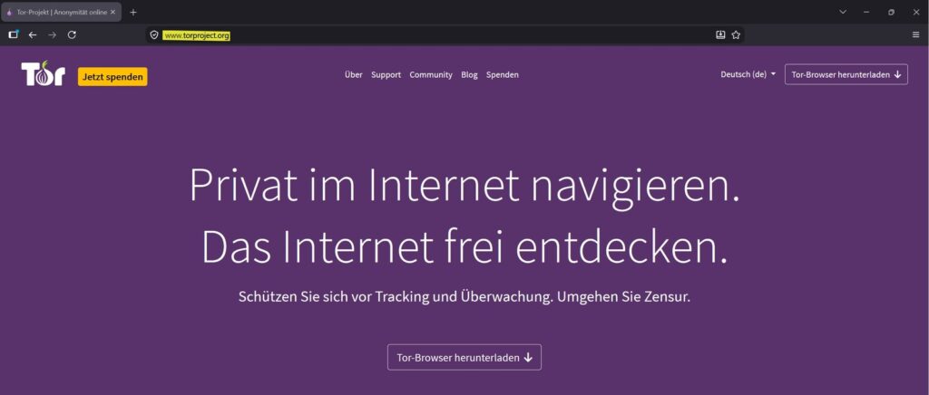 Offizielle Tor-Project-Webseite zum Herunterladen des Tor Browsers