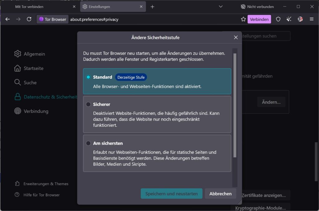 Sicherheitsstufen Standard, Sicherer und Am sichersten im Tor Browser