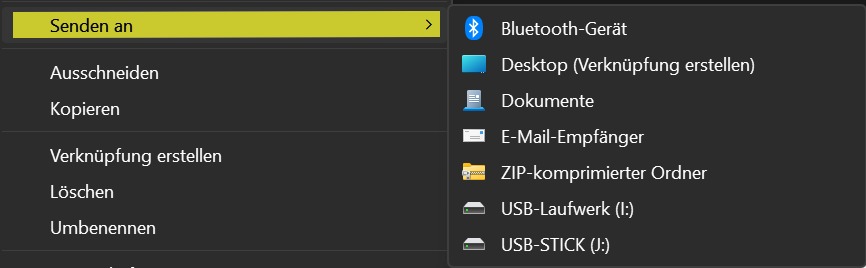 Senden an-Menü unter Windows 11 mit verschiedenen Zielen