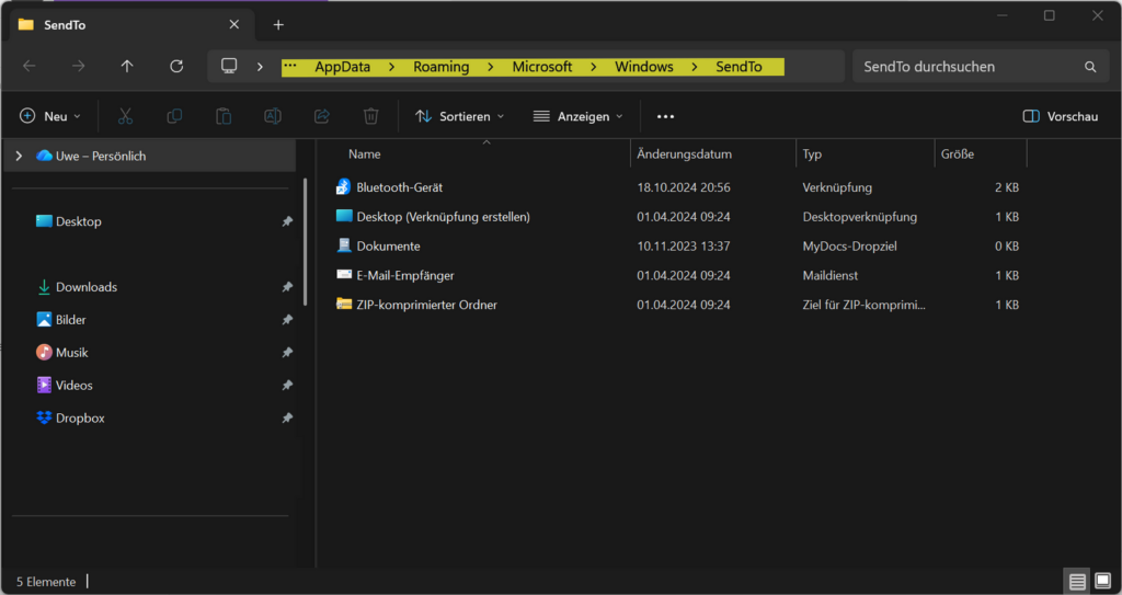 Geöffneter SendTo-Ordner unter Windows 11 mit den vorhandenen Senden-an-Zielen