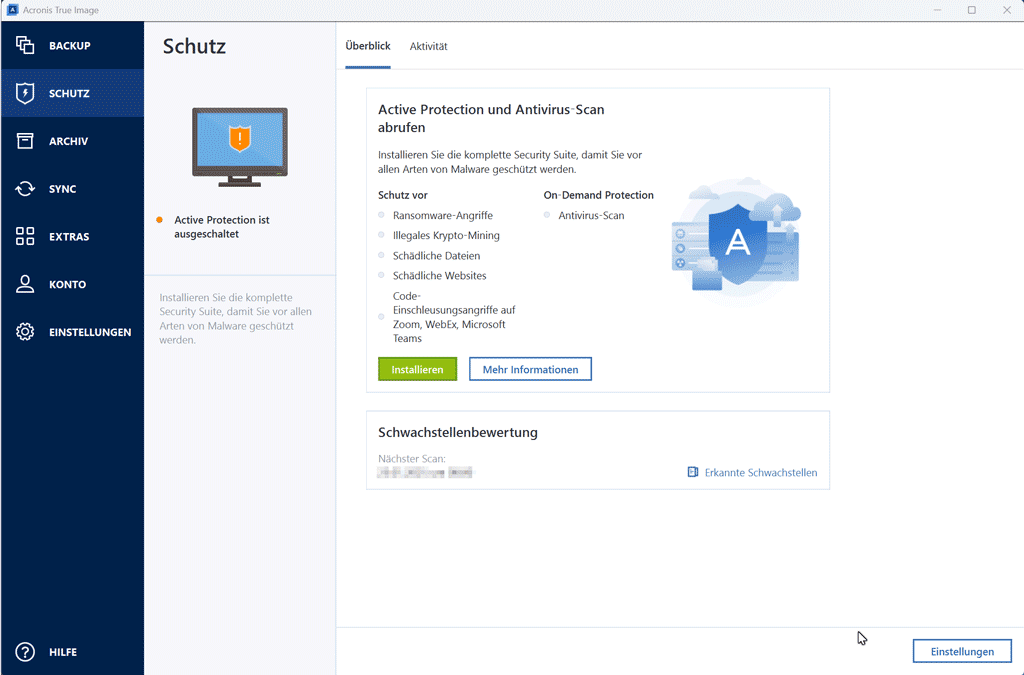 Acronis True Image, Security, Active Protection, Antivirus, Programmfenster