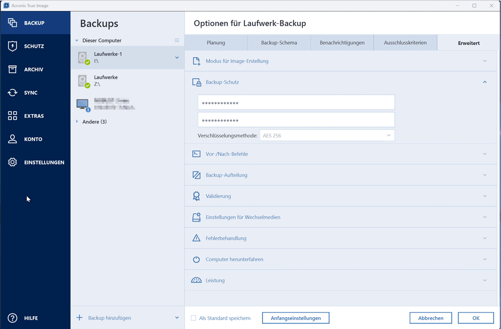 Acronis True Image, Optionen der Backup-Erstellung, Programmfenster