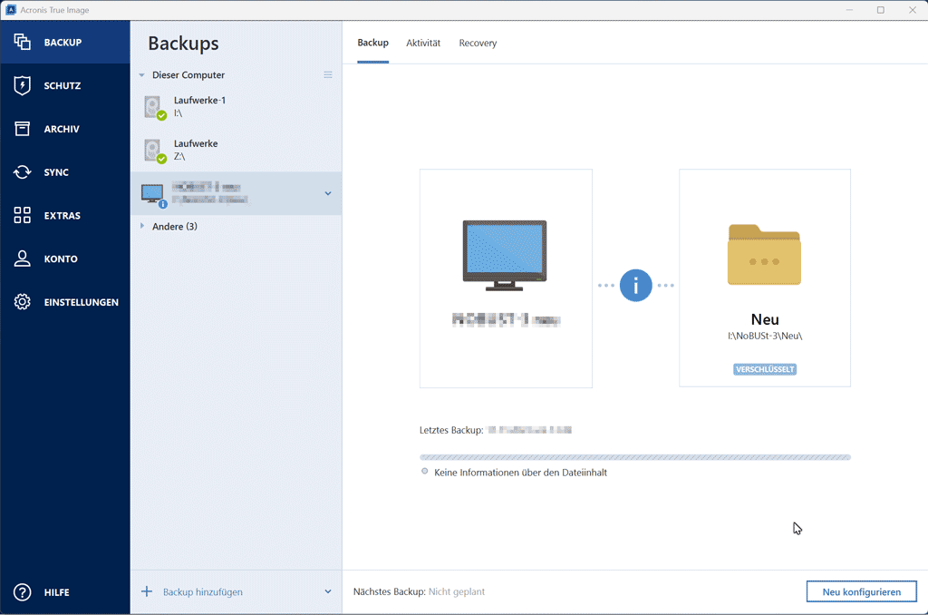 Acronis Programmfenster Backup durchführen