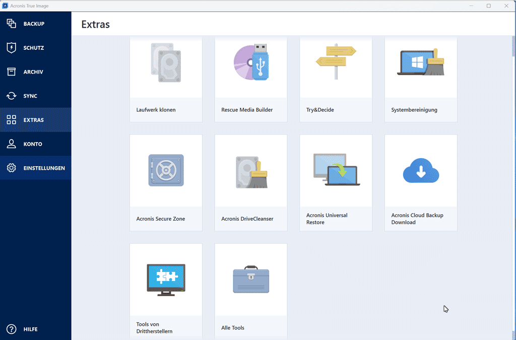 Acronis True Image, weitere Funktionen, Programmfenster