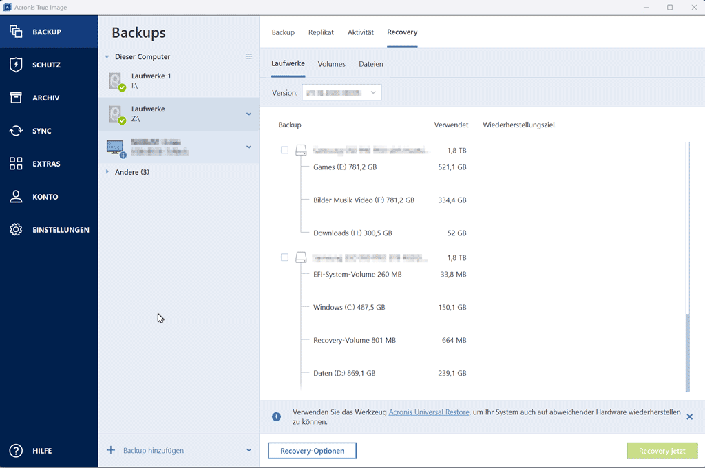 Acronis True Image, Restore durchführen, Programmfenster