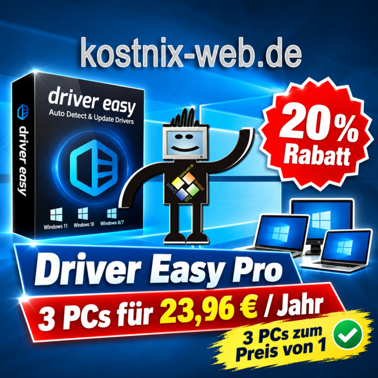 Driver Easy Pro mit 20 % Rabatt: Jahreslizenz für 3 PCs zum Preis von einem, für 23,96 € – Angebot auf kostnix-web.de.