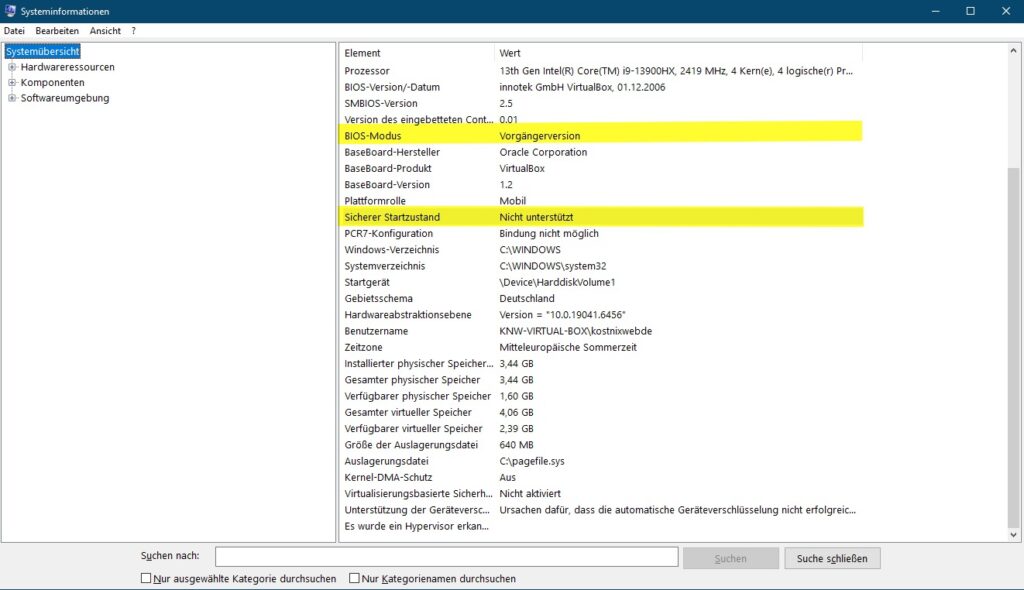 Windows-10-Systeminformationen mit BIOS-Modus Vorgängerversion und nicht unterstütztem sicheren Start
