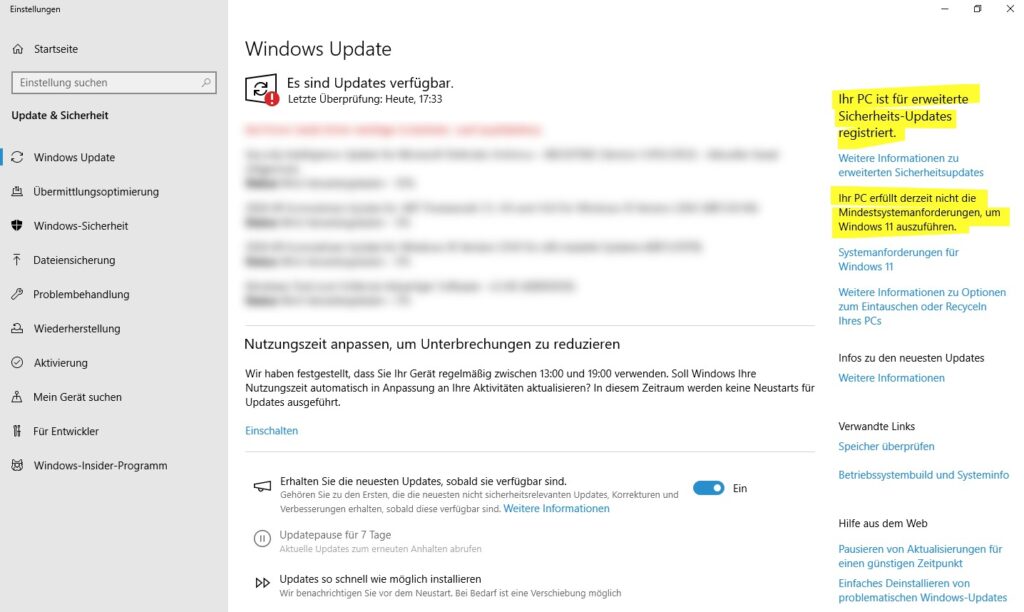 Windows Update in Windows 10 mit Hinweis, dass der PC die Mindestanforderungen für Windows 11 nicht erfüllt