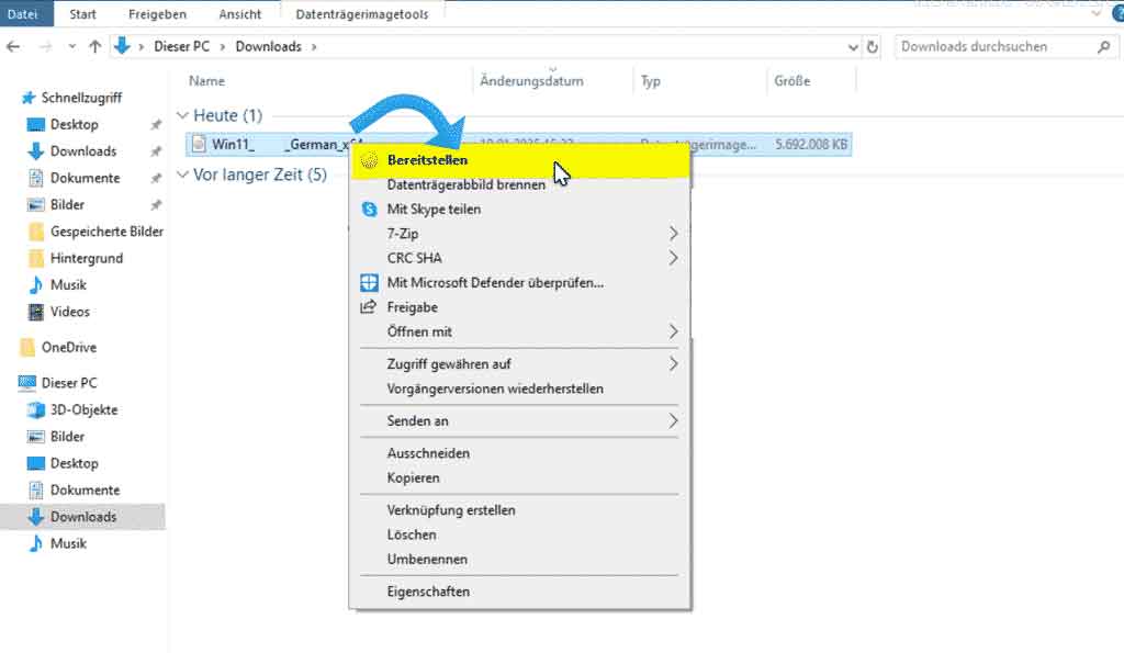 Windows-11-ISO im Datei-Explorer per Rechtsklick bereitstellen