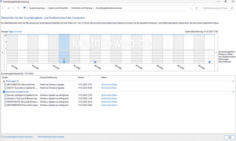 Windows-Zuverlässigkeitsverlauf Programmoberfläche