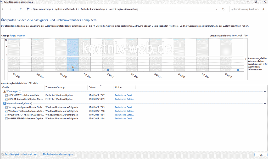 Windows Zuverlässigkeitsverlauf