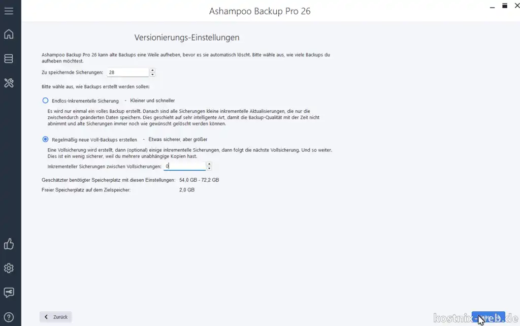 Ashampoo Backup Pro - Speicherplan  erstellen - Art des Backups (vollständig, inkrementiell), Anzahl der Versionen und Speicherdauer