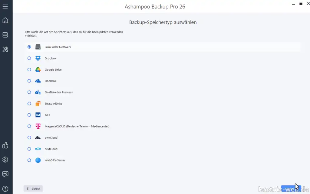 Ashampoo Backup Pro - Speicherziel wählen (Laufwerk, Netzwerk, Cloud)