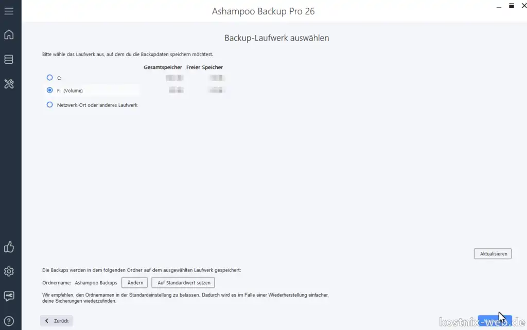 Ashampoo Backup Pro - Speicherziel wählen (Laufwerk, Netzwerk)