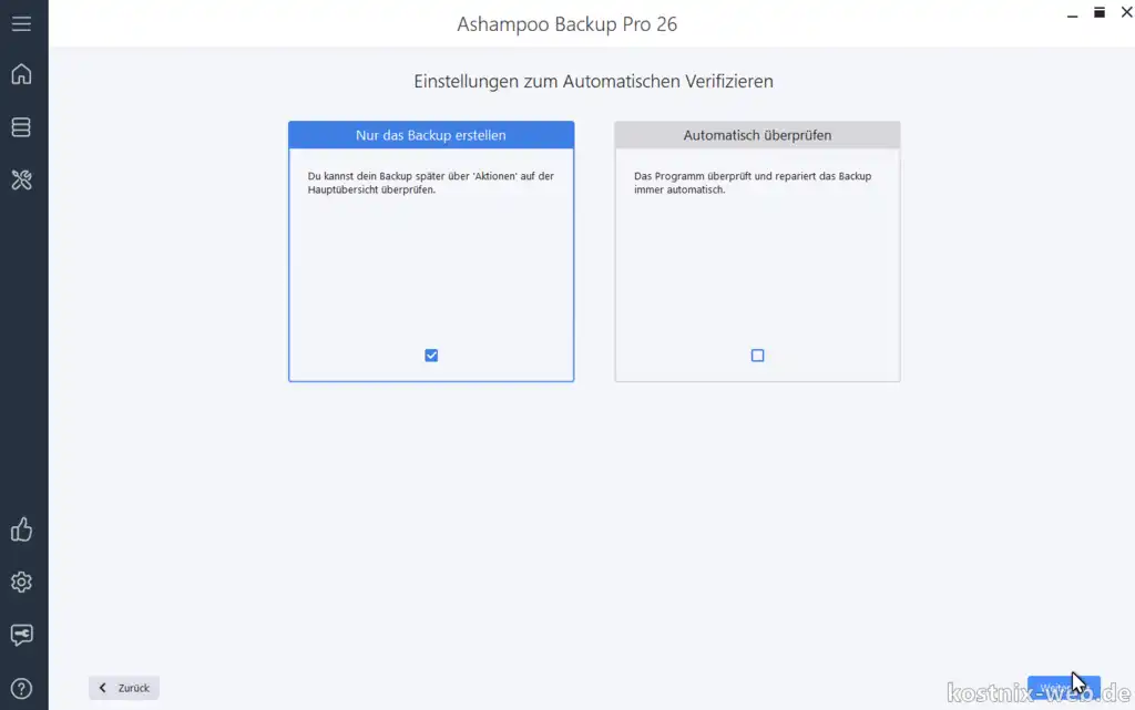 Ashampoo Backup Pro - Speicherplan erstellen - Verifizierung festlegen