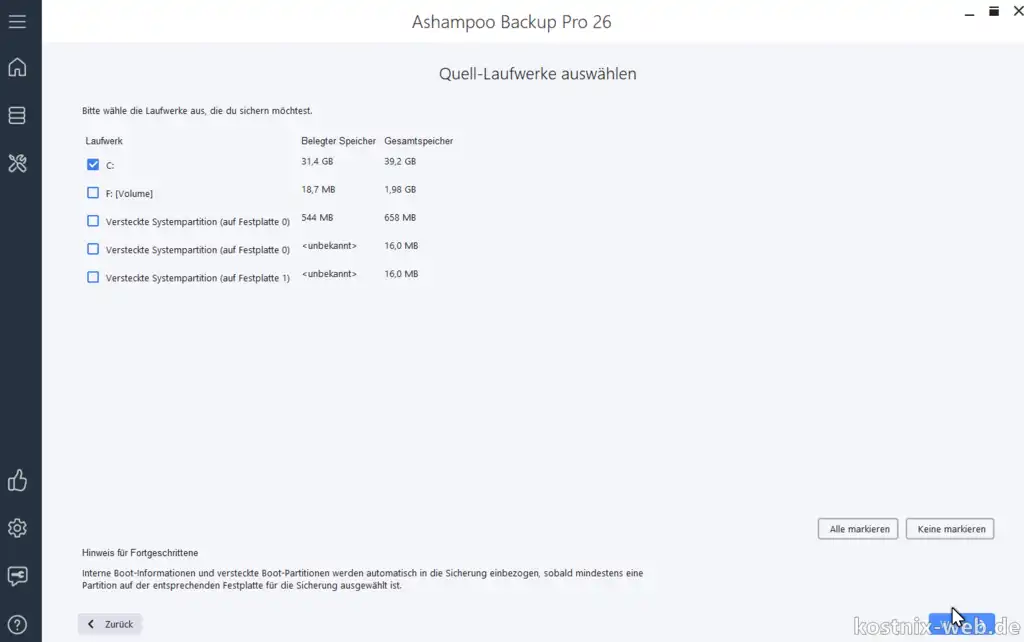 Ashampoo Backup Pro - Speicherplan  erstellen für das ganze System / Laufwerk C: