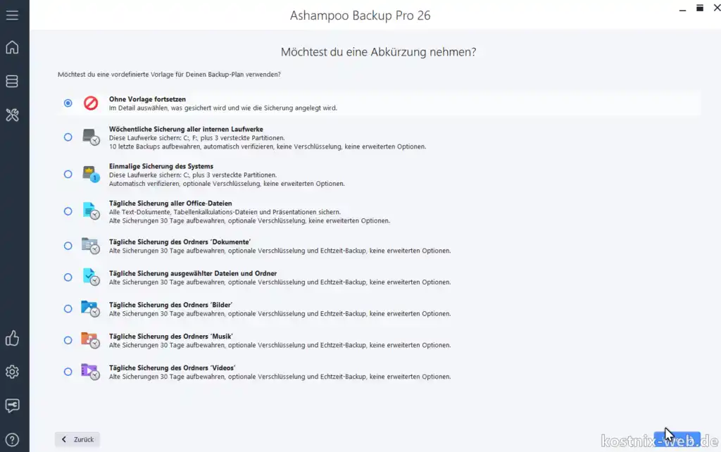 Ashampoo Backup Pro - Speicherplan vollständig selbst erstellen oder aus Vorlagen auswählen
