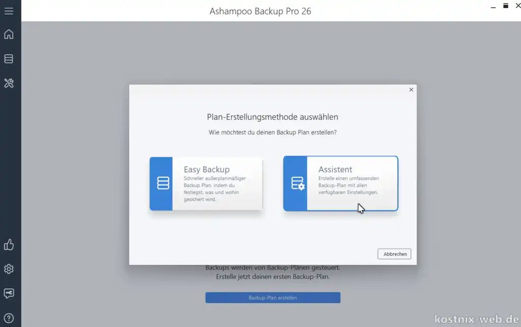 Ashampoo Backup Pro - Plan-Erstellungsmethode auswählen (Easy Backup oder Assistent)