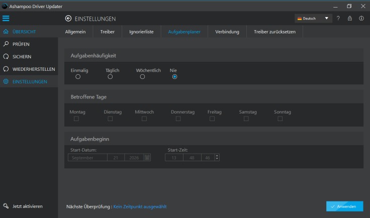 Aufgabenplanung im Ashampoo Driver Updater für automatische Treiberprüfungen