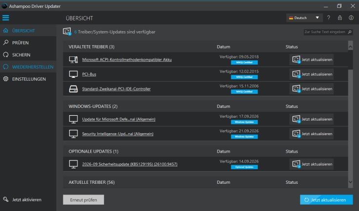 Ashampoo Driver Updater zeigt veraltete Treiber und verfügbare Windows-Updates