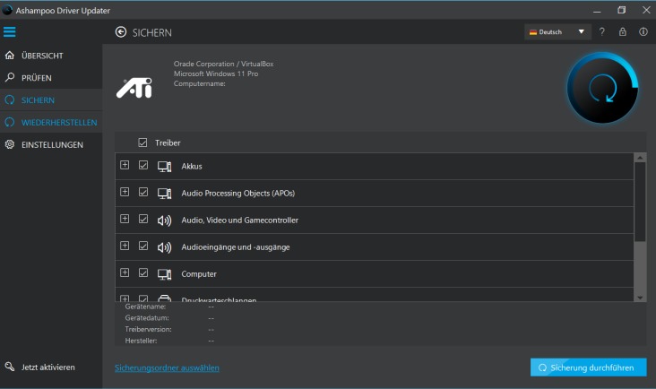 Ashampoo Driver Updater mit Auswahl der Treiber für eine Sicherung