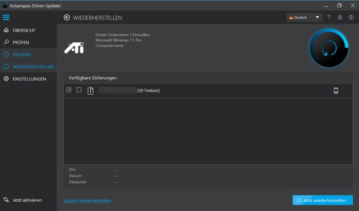 Ashampoo Driver Updater mit vorhandener Treibersicherung zur Wiederherstellung