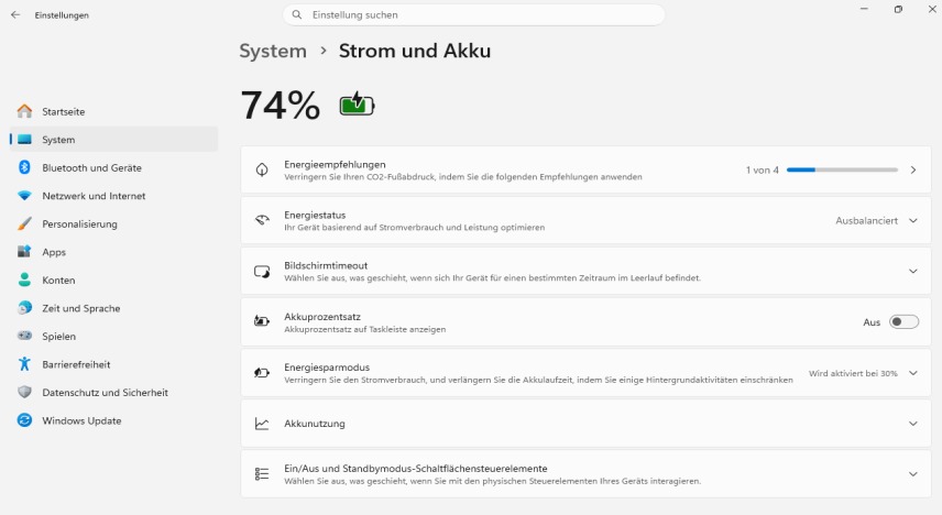 Windows 11 Einstellungen für Strom und Akku mit Energiestatus Ausbalanciert und Energiesparmodus