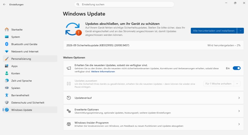 Windows 11 Windows Update mit laufendem Download eines Sicherheitsupdates