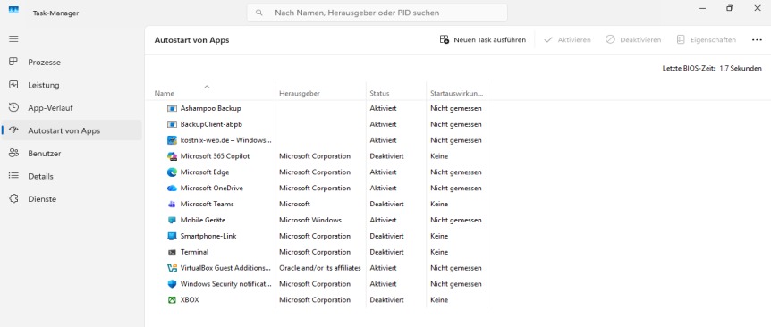 Windows 11 Task-Manager mit Autostart-Apps, Status und Startauswirkung