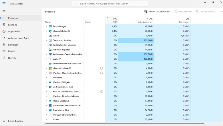 Windows 11 Task-Manager mit laufenden Prozessen sowie CPU-, Arbeitsspeicher- und Datenträgerauslastung