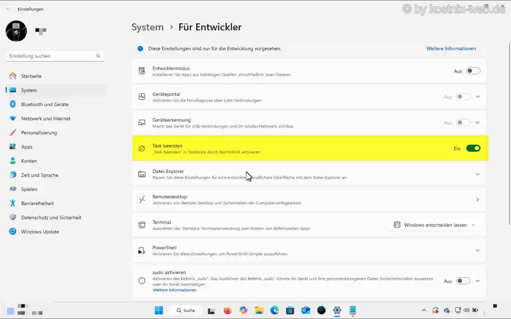 Task beenden Entwicklermodus Schaltfläche aktivieren