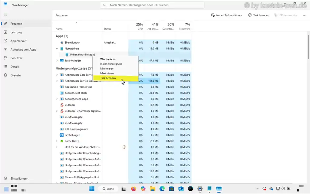 ask beenden im Taskmanager