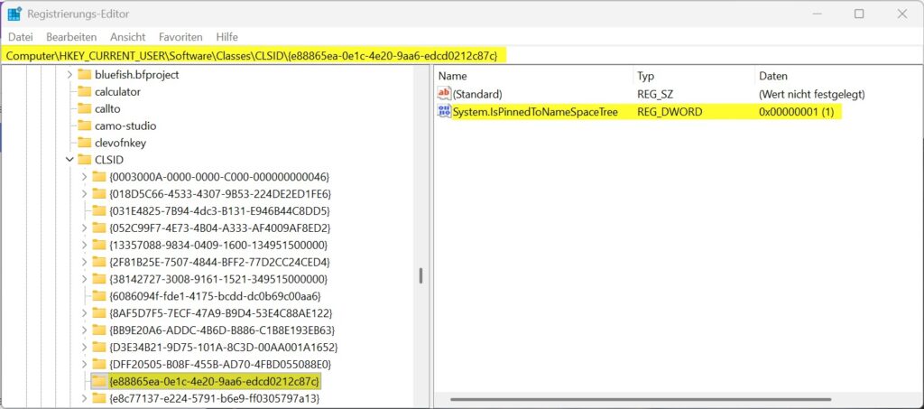 Registry-Wert System.IsPinnedToNameSpaceTree mit dem Wert 1 für die Windows-11-Galerie