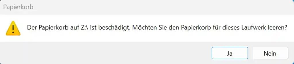 Fehlermeldung: Papierkorb ist beschädigt