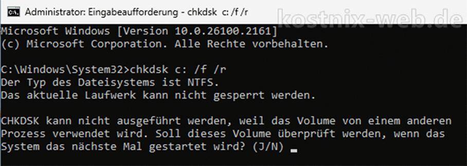 Programmfenster CMD mit Befehl chkdsk /f/r