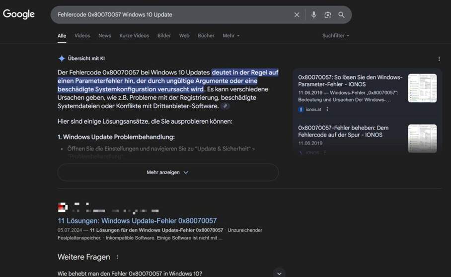 Google Suche nach Problemlösungen im Internet