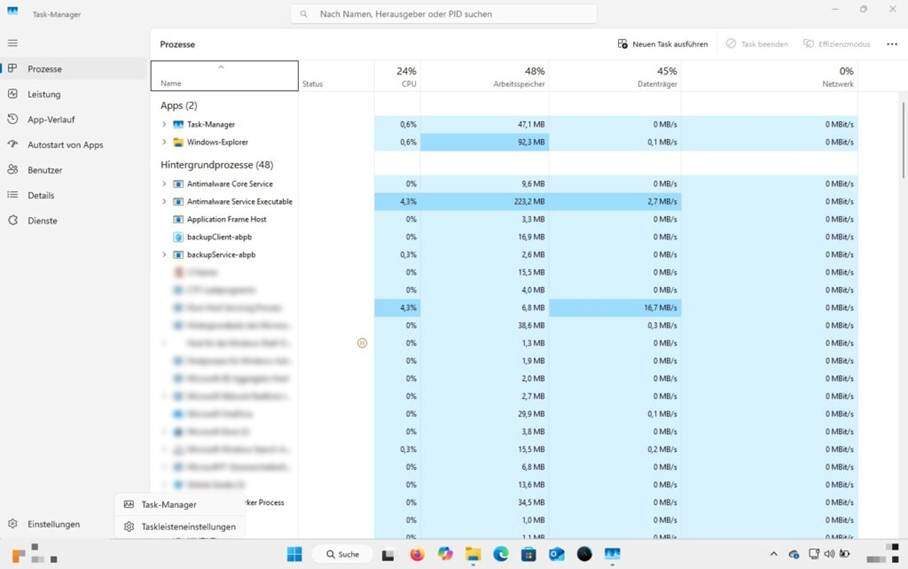 Programmfenster Taskmanager Systemauslastung durch verschiedene Prozesse