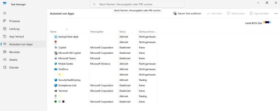 Programmfenster Taskmanager Autostart von Programmen