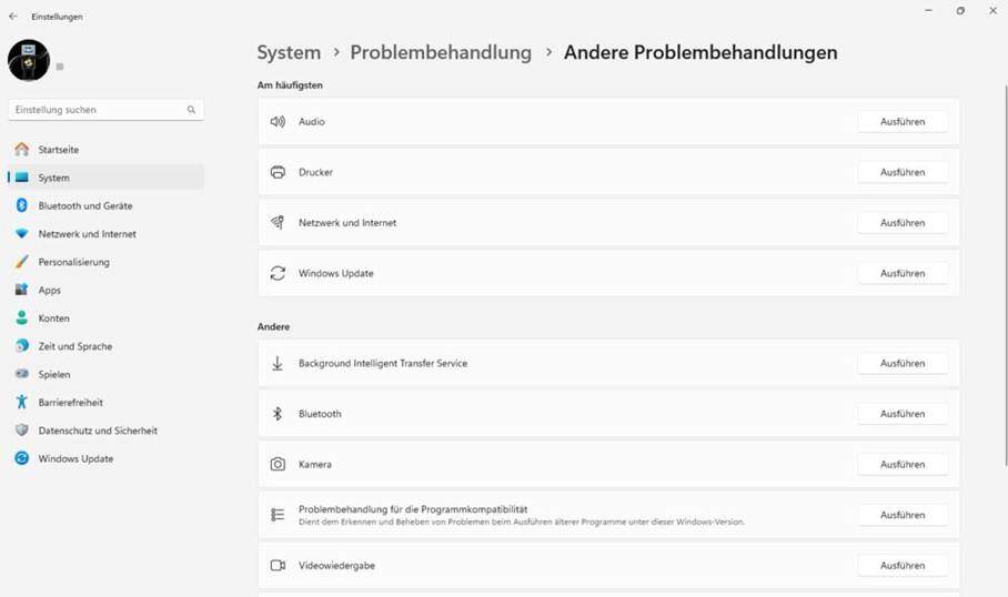Programmfenster Windows > System > Problembehandlung > Andere Problembehandlung