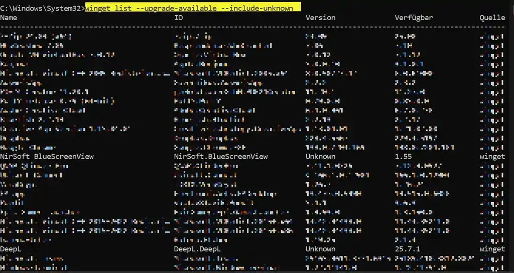 cmd-Befehl: winget list --upgrade available --include-unknown