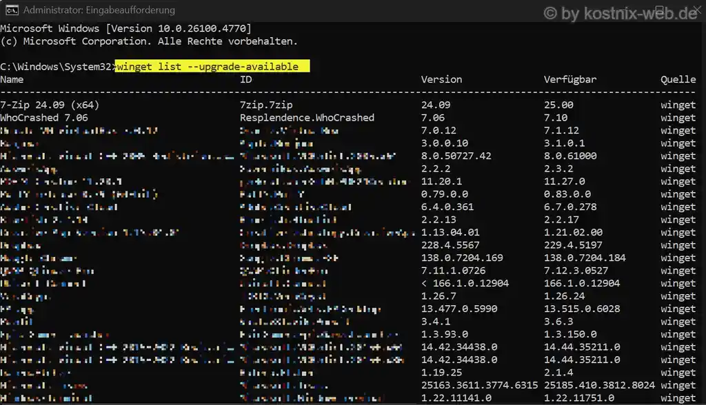 cmd-Befehl: winget list --upgrade available