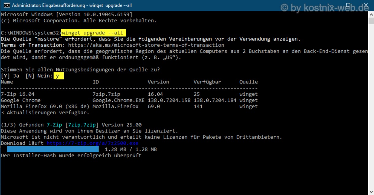 cmd-Befehl: winget upgrade -all Zustimmung