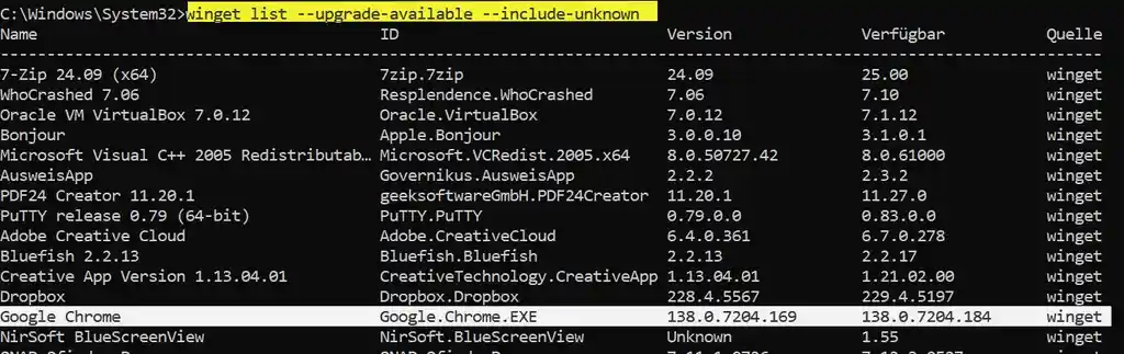 cmd-Befehl: winget list --upgrade-available --include-unknown ID Google.Chrome.EXE