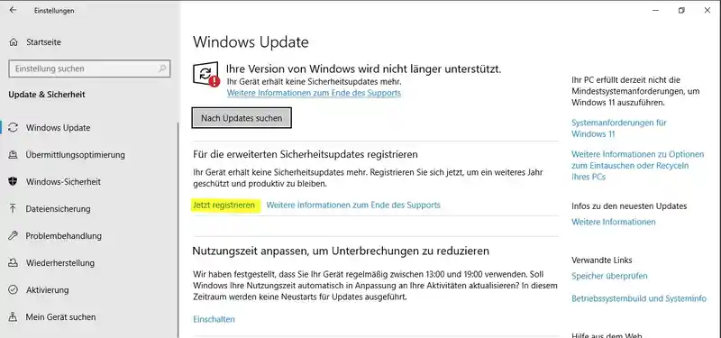 Windows Update bietet Erweiterte Sicherheitsupdates an.
