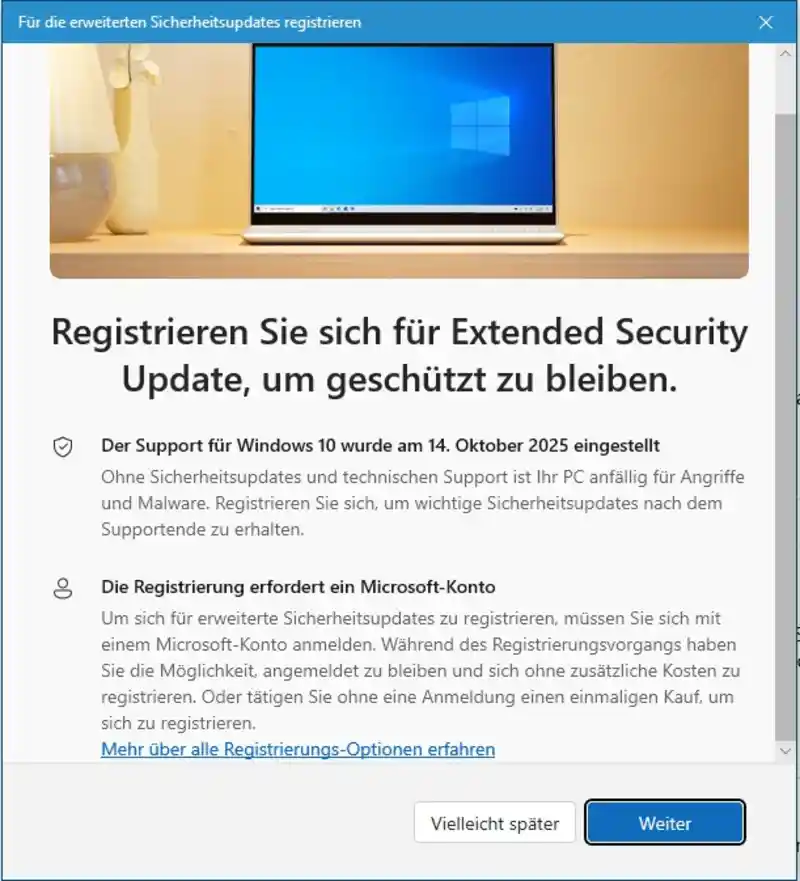 Der Registrierungsdialog für ESU wird gestartet.