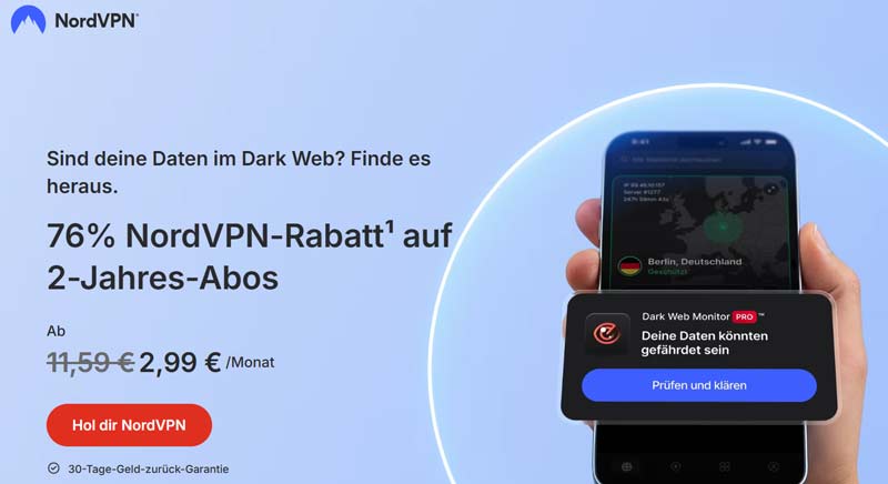 NordVPN – bis zu 76% Nachlass und 30-Tage-Geld-zurück-Garantie