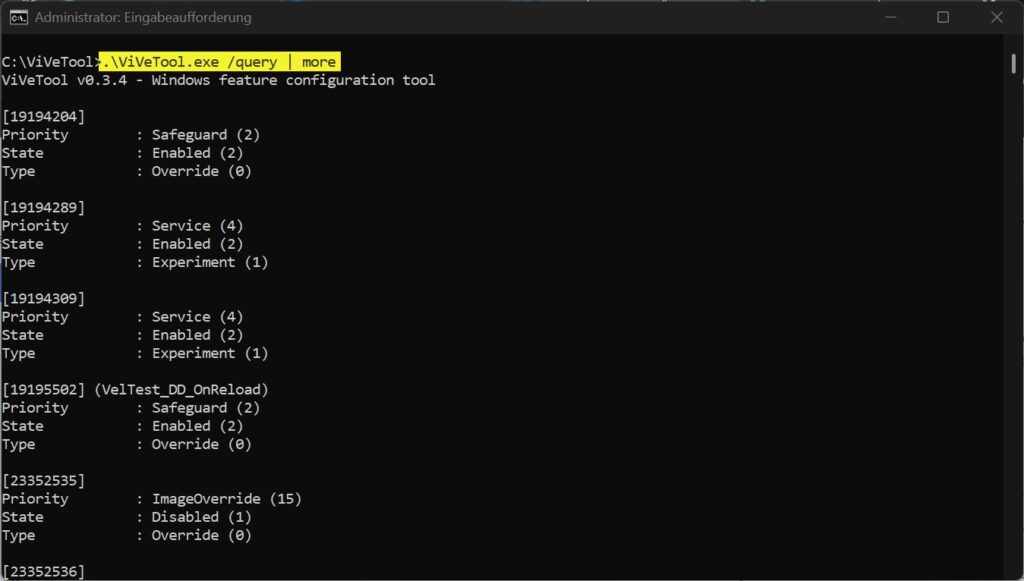 Ausgabe von ViVeTool mit dem Befehl .\ViVeTool.exe /query